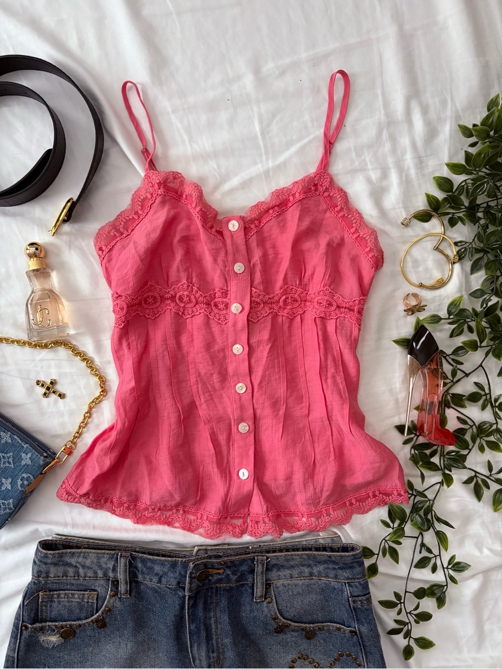 Lace-Trim Button-Front Pink Cami Top